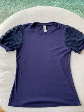B brand Navy Short Sleeve Tee with Sheer Puff Dot Sleeves